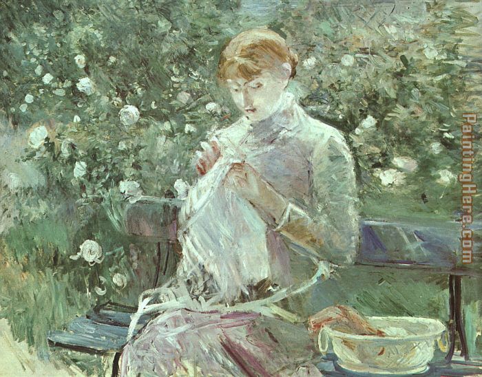 Young Woman Sewing in a Garden painting - Berthe Morisot Young Woman Sewing in a Garden art painting